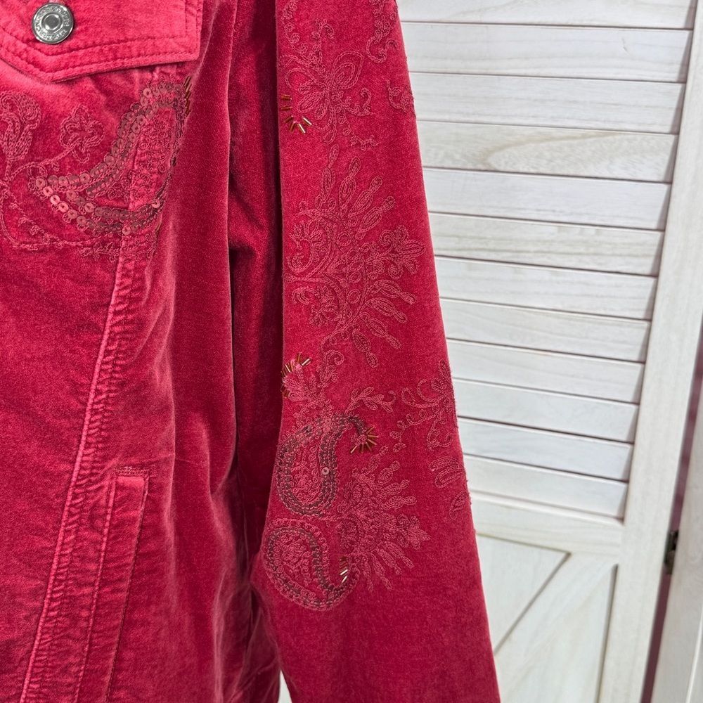 Chicos Boho Jacket Women XL 3 Red Velour Paisley Embroidered Beaded‎ Trucker - Picture 7 of 14